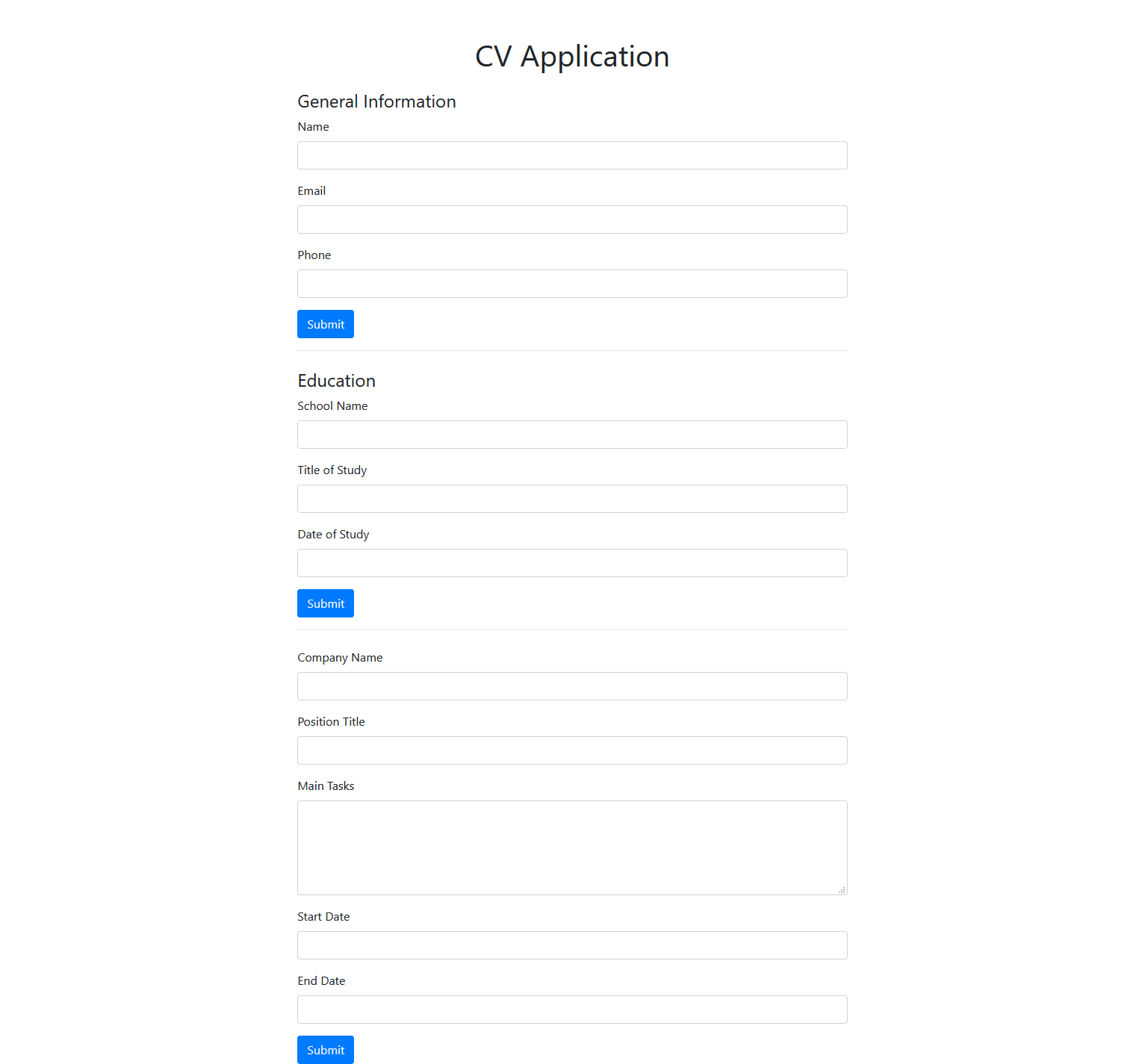 Empty CV Application Form
